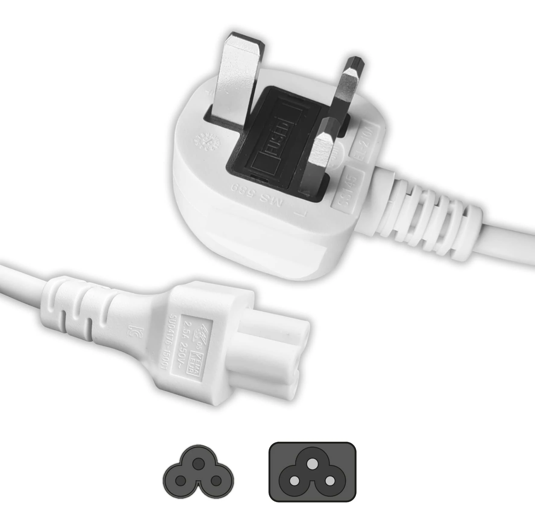 SHAFI® Cloverleaf Power Cable IEC-C5-3-Pin BS-1363A UK Plug - 2.5A 250V 0.75mm² Pure Copper Power Lead - Notebook Laptop Power Cord Mains Adaptor Charger Projector Power Supply Lead (3M - White)