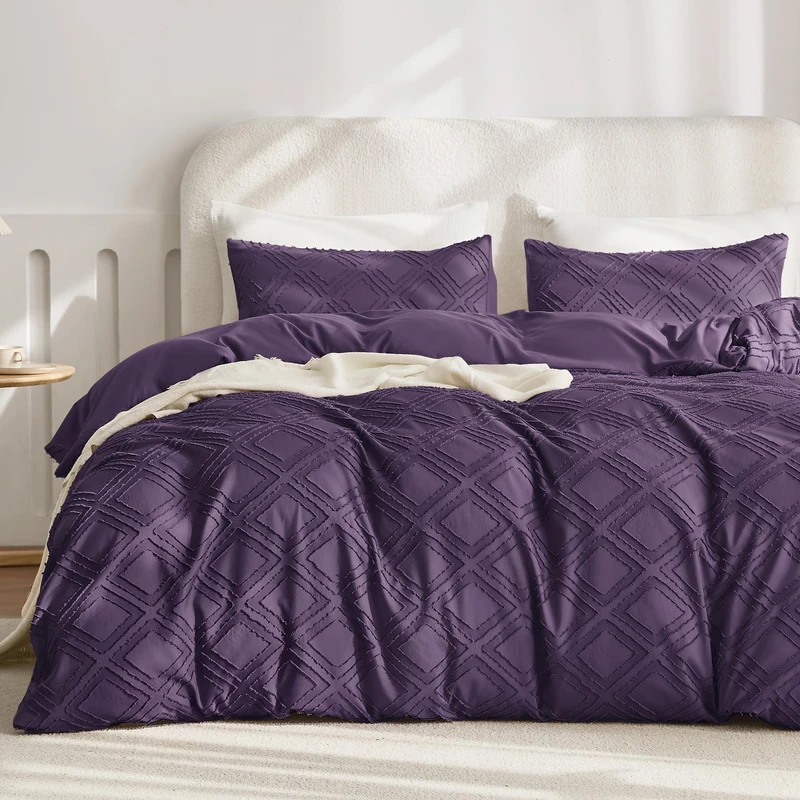 JELLYMONI King Size Purple Microfiber Tufted Duvet Cover Set, Boho Textured Duvet Cover Jacquard Rhombus Geometric Pattern with Corner Ties & Zipper Closure