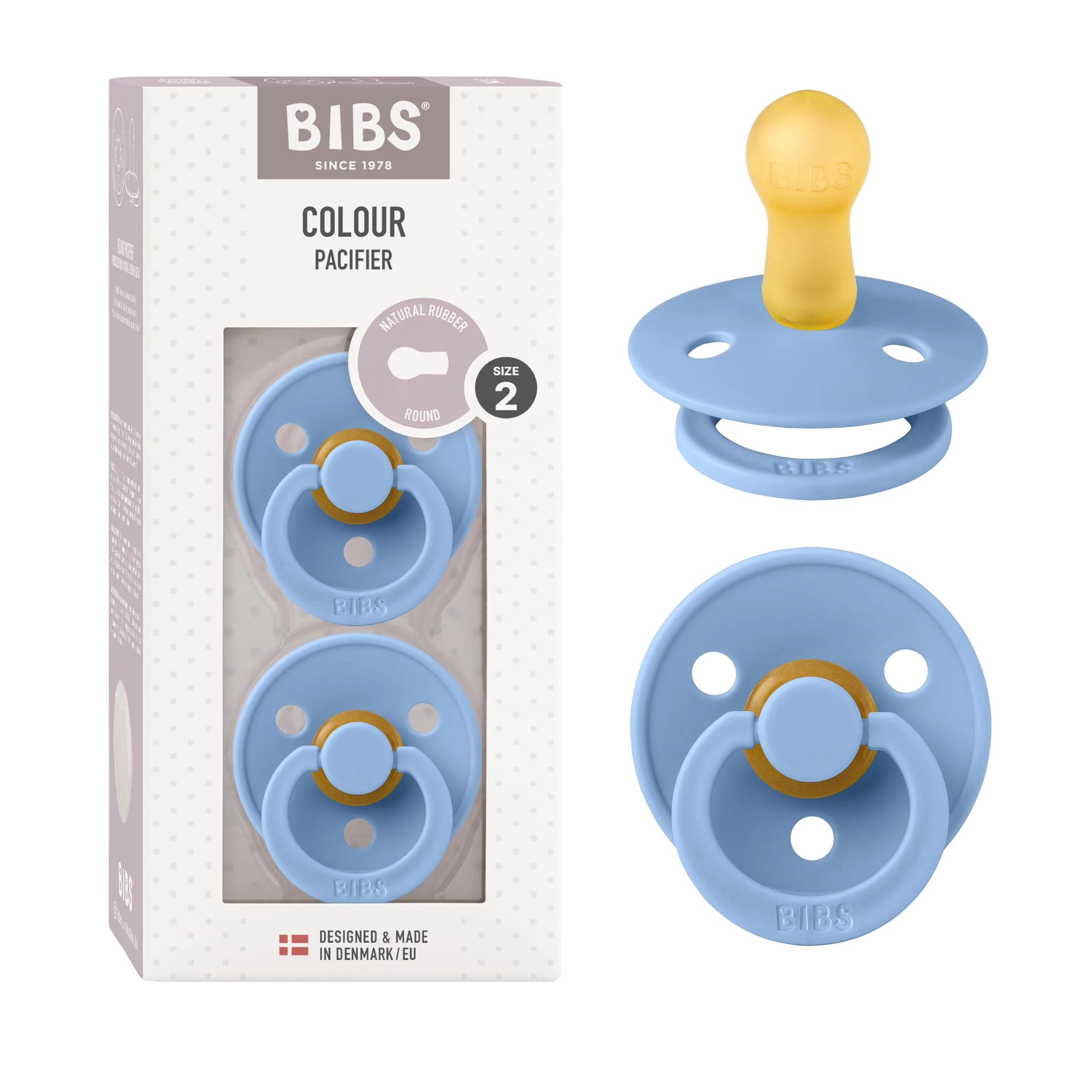 BIBS Colour Soother 2-Pack, BPA Free Dummy Pacifier, Round Nipple. Natural Rubber Latex, Made in Denmark, Size 2 (6-18 Months), Sky Blue