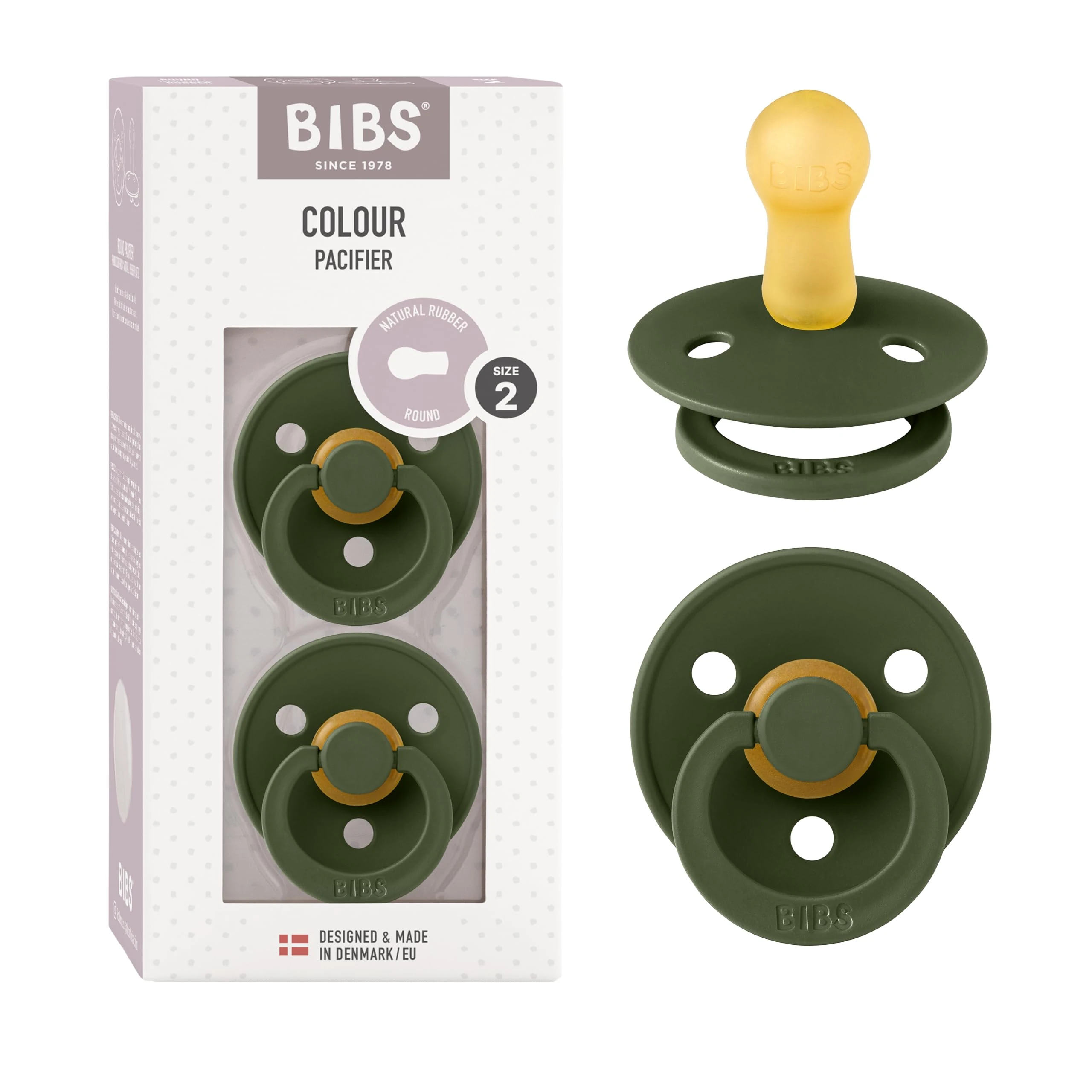 BIBS Colour Soother 2-Pack, BPA Free Dummy Pacifier, Round Nipple. Natural Rubber Latex, Made in Denmark, Size 2 (6-18 Months), Hunter Green