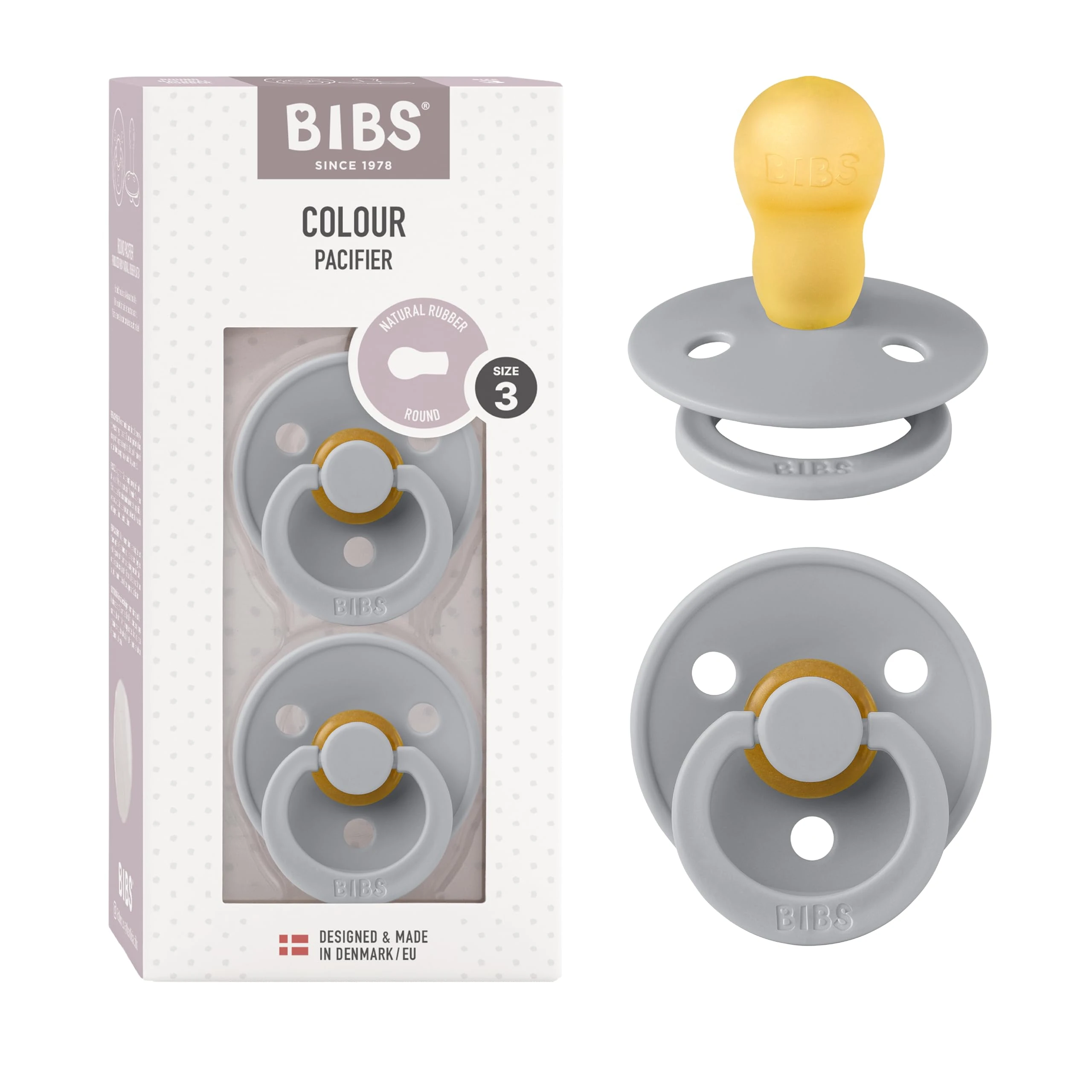 BIBS Colour Soother 2-Pack, BPA Free Dummy Pacifier, Round Nipple. Natural Rubber Latex, Made in Denmark, Size 3 (18+ Months), Cloud