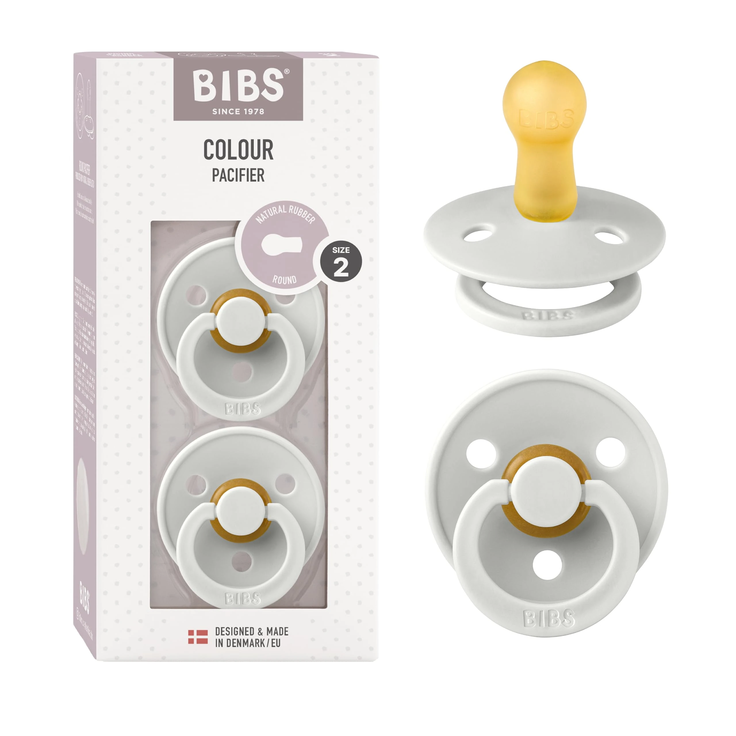 BIBS Colour Soother 2-Pack, BPA Free Dummy Pacifier, Round Nipple. Natural Rubber Latex, Made in Denmark, Size 2 (6-18 Months), Haze