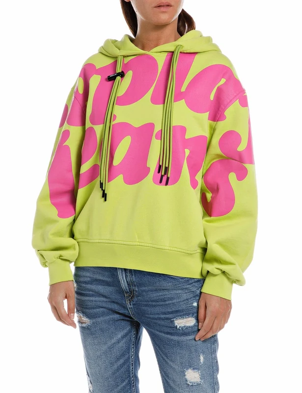REPLAY Adult W3632B Piece Dyed Cotton Fleece Hooded Sweatshirt, Acid Green 636, S