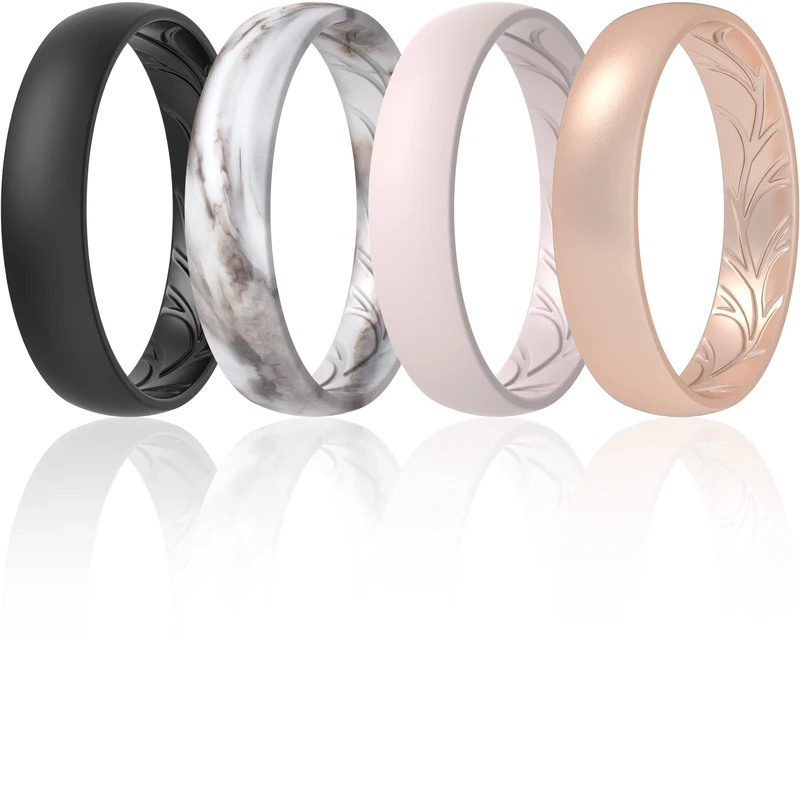 ThunderFit Women Silicone Wedding Rings, Breathable Leaf Cross Pattern Engagement Bands 4mm Wide 1.5mm Thick - 1/4 Variety Multipack, 7.5 - 8 (18.2mm), Silicone, No Gemstone