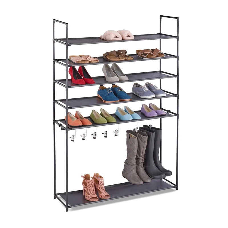 Relaxdays 6 levels, Plug-in System, Hallway Rack, 20 Pairs of Shoes, 7 Boot Hooks, Metal & Fabric, Black, Steel, 153 x 99 x 30 cm - Image 1