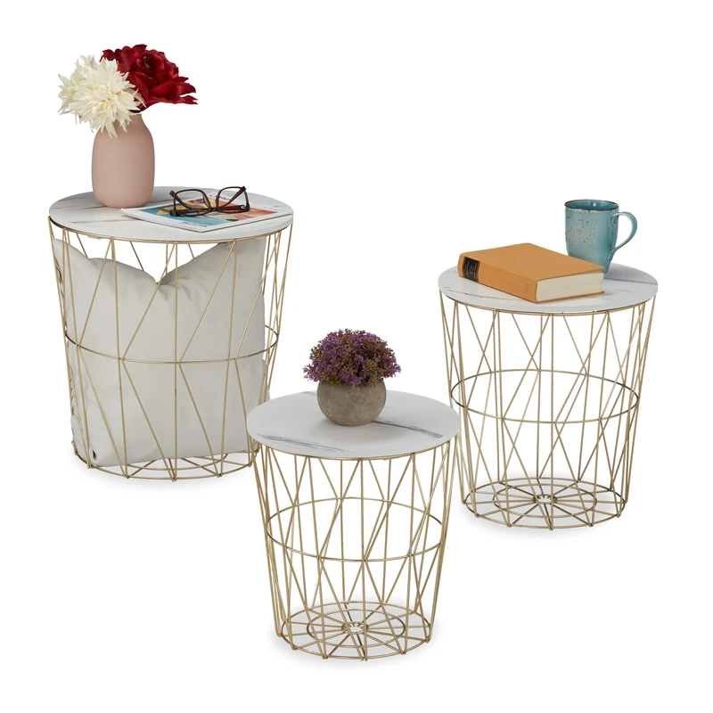 Relaxdays Basket Side Table, Set 3 Sizes, Wired Storage, Metal & Marble Look, Sofa or Bedside Stand, Decorative, White, Iron, 40 x 39.5