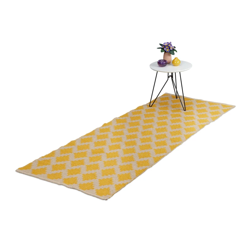 Relaxdays Cotton Runner Rug, 80 x 200 cm, Non-Slip, Hand-Woven, Diamond Pattern, Decorative Carpet for Any Room, Yellow