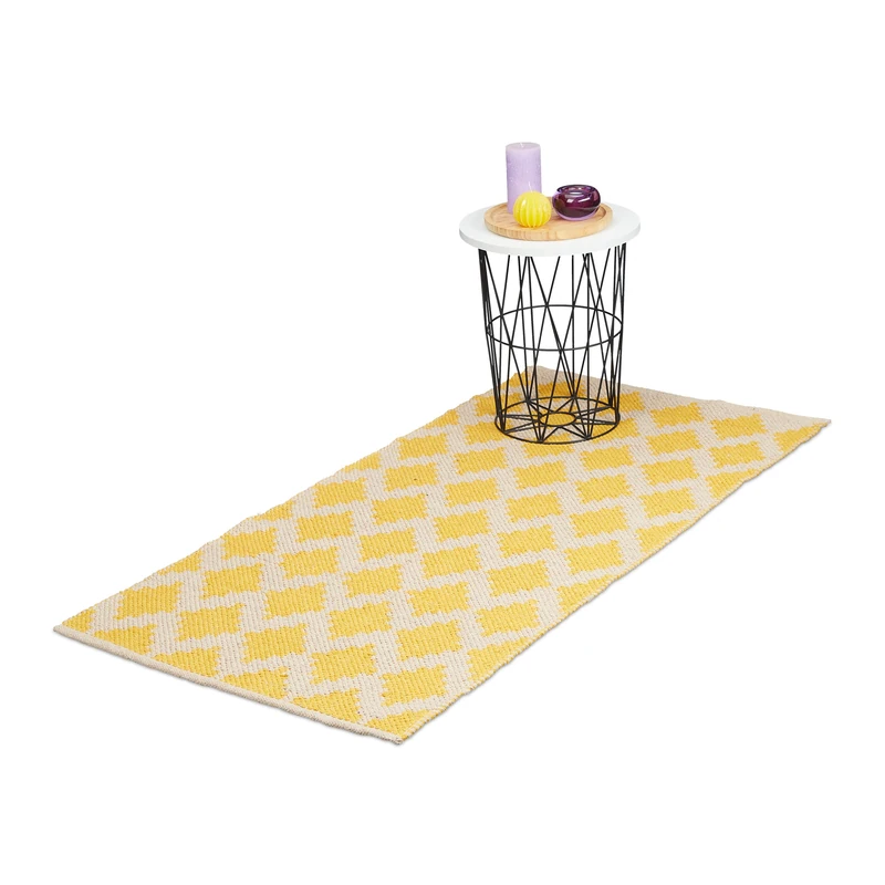 Relaxdays Cotton Runner Rug, 70 X 140 cm, Non-Slip, Hand-Woven, Diamond Pattern, Decorative Carpet for Any Room, Yellow