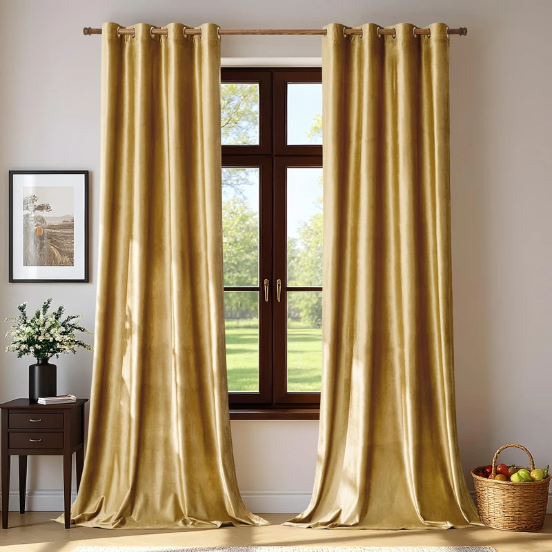 BULBUL Velvet Gold Curtains 95 inch Length- Living Room Blackout Thermal Window Drapes Darkening Decor Grommet Curtains for Bedroom Set of 2 Panels
