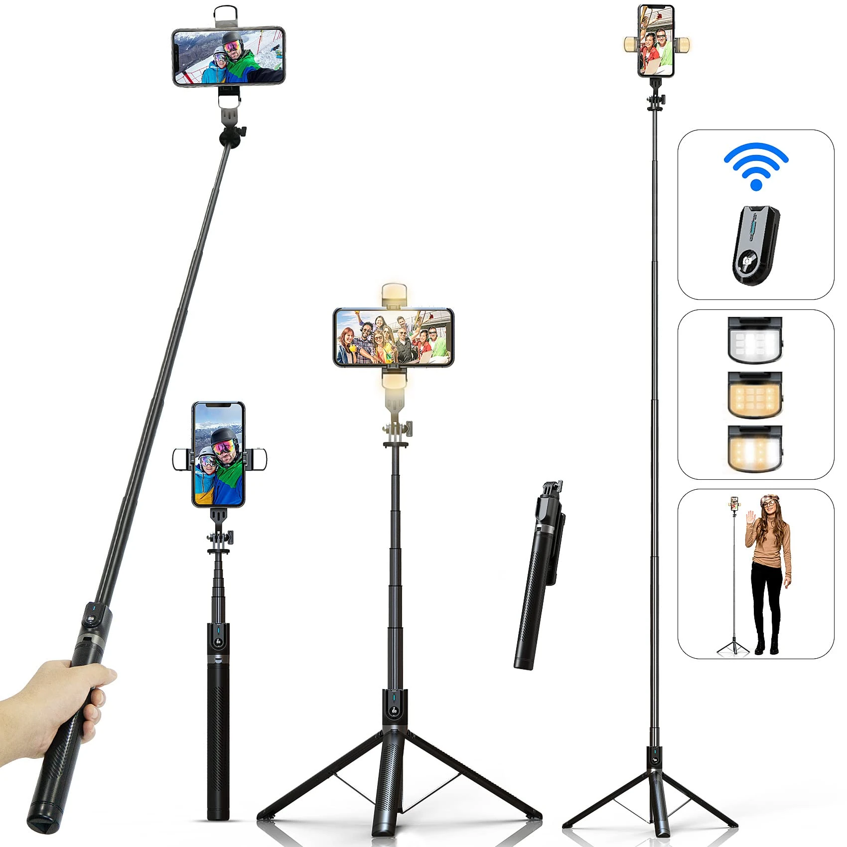 Selfie Stick Phone Tripod with Remote and LED Fill Lights - ASHINER 180cm Heigh Cell Phone Holder for Travel, Vlogging, Live Streaming Video and Photos, Compatible with iPhone and Android