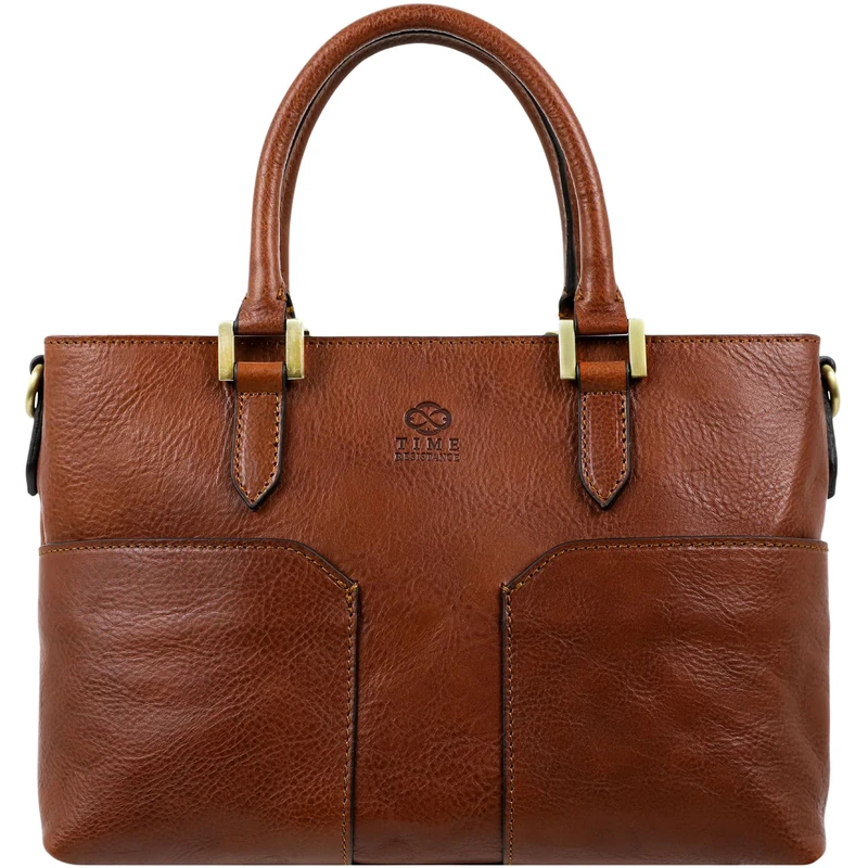 Time Resistance Cognac Brown Full-Grain Leather Purse for Women - Leather Handbag - Top Handle Bag - Tote Bag