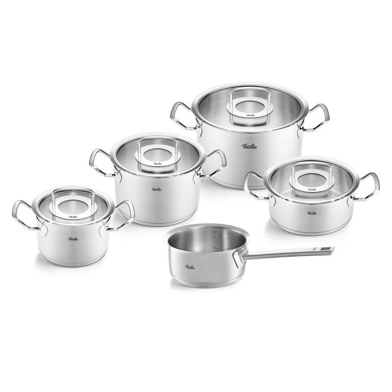 Fissler Original-Profi Collection 5-Piece Stainless Steel Cooking Pot Set with Glass Lid (3 Saucepans, 1 Stewing Pan, 1 Saucepan Lidless) - Induction