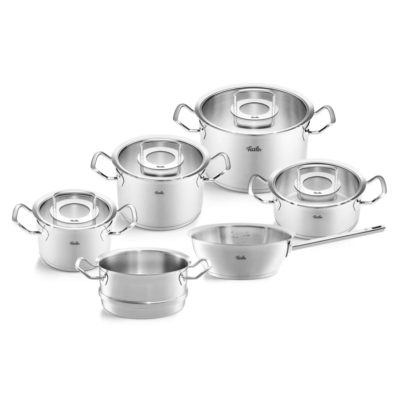 Fissler Original Profi Collection 6-Piece Stainless Steel Saucepan Set with Glass Lids (3 Saucepans, 1 Stewing Pan 1 Sauteuse Lidless and 1 Steamer Insert) - Induction, Silver