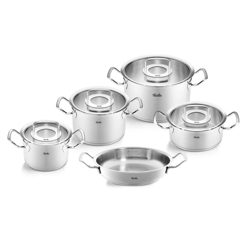 Fissler Original Profi Collection Stainless Steel Saucepan Set, 5 Pieces, Pots with Glass Lids (3 Cooking Pots, 1 Stewing Pan 1 Serving Pan) - Induction
