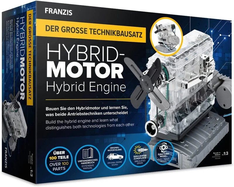 Franzis 67157-Der große Technikbau-Kit Hybridmotor, Faithful Engine Kit in Scale 1:3, Includes Sound Module and 86-Page Accompaniment Book, Transparent, Multi-Coloured