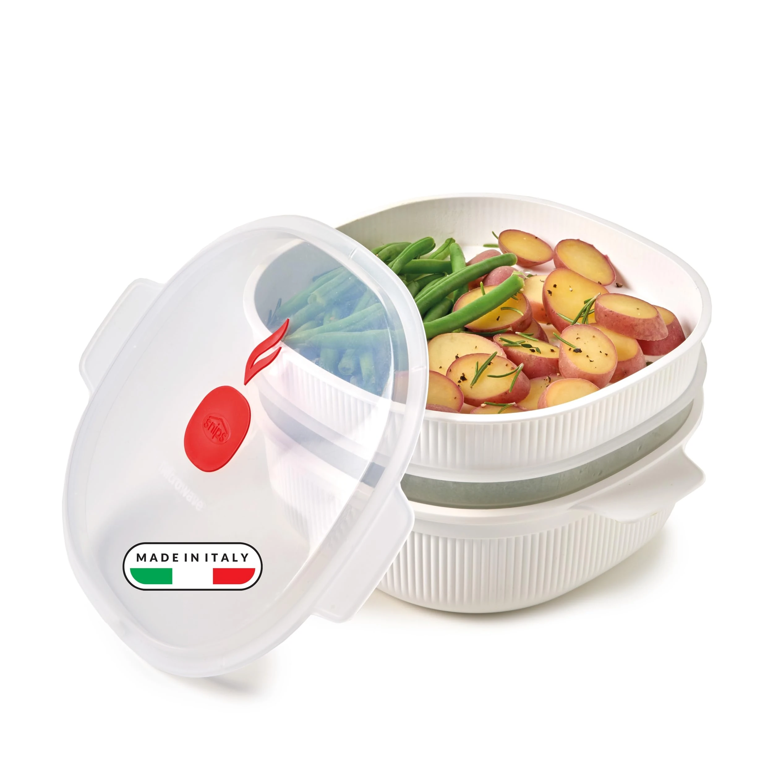 Snips - Microwave Steamer with 2 Baskets - 4 LT - Meat, Fish and Vegetable Steamer, 26.5 x 22 x 13.5 cm - Microwave steamer for vegetables, White and red - 100% Made in Italy - 0% BPA