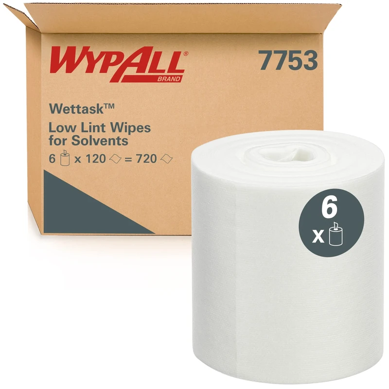 WypAll Wettask Low Lint Wipes for Solvents 7753 - Industrial Wipers - 6 Rolls x 120 White Cleaning Wipes (720 Total)