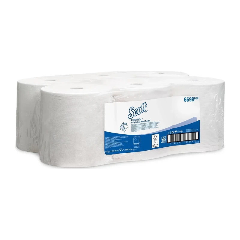 Scott Control Rolled Hand Towels 6699 - 2 Ply Disposable Paper Towels - 6 Paper Towel Rolls x 200m White Paper Hand Towels (1,200m Total)