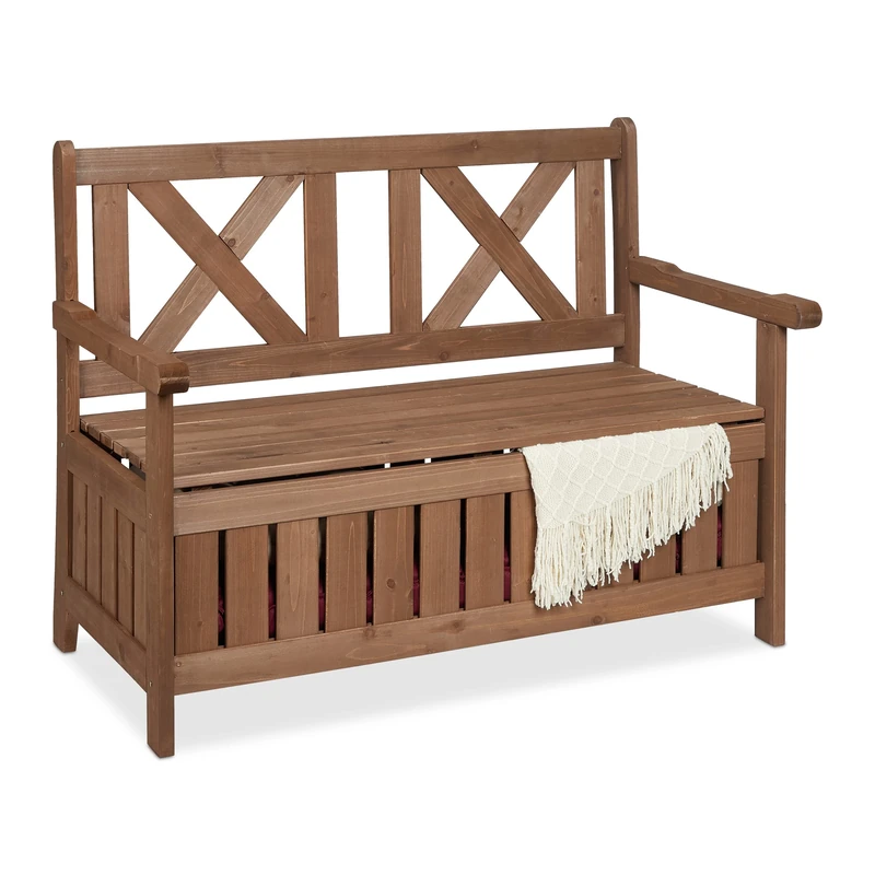 Relaxdays Garden Bench with Integrated Storage, 2-Seater, Sturdy Wooden Loveseat, Garden, HWD: 85x115x60cm, Dark Brown