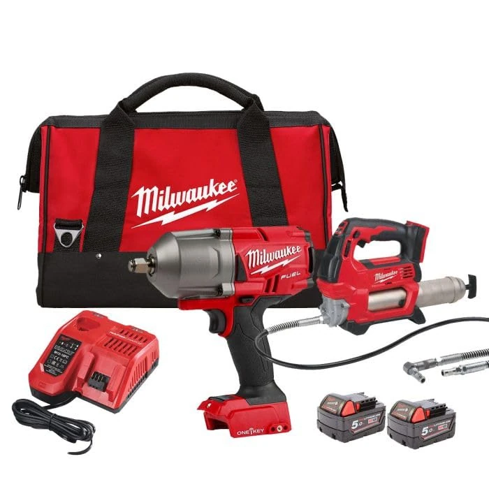 Milwaukee M18ONEPP2Q-502B 18v Cordless M18GG Grease Gun + M18ONEFHIWF34 3/4 Wrench Kit 2 x 5.0ah Batteries