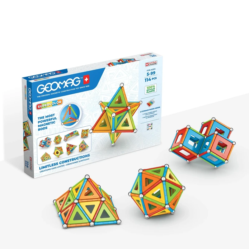 Geomag Classic Supercolor Panels Recycled 114, Magnetic Constructions, Rods, And Colored Panels, 114-Piece Pack, 100% Recycled Plastic