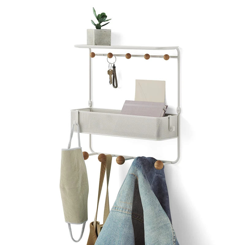Umbra Estique Entryway Organizer Storage Solution with Cubby Bin, Shelf and Hooks for Keys, Mail, Glasses, Wallet, Purse, Hat, and More, White - Image 1