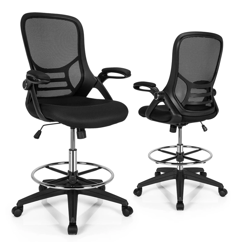 CASART Mesh Drafting Chair, Ergonomic Office Chair with Lumbar Support & Flip-up Armrests, Height Adjustable Rolling Desk Chair for Home Office (Black, with Rocking Mode + Adjustable Footrest)