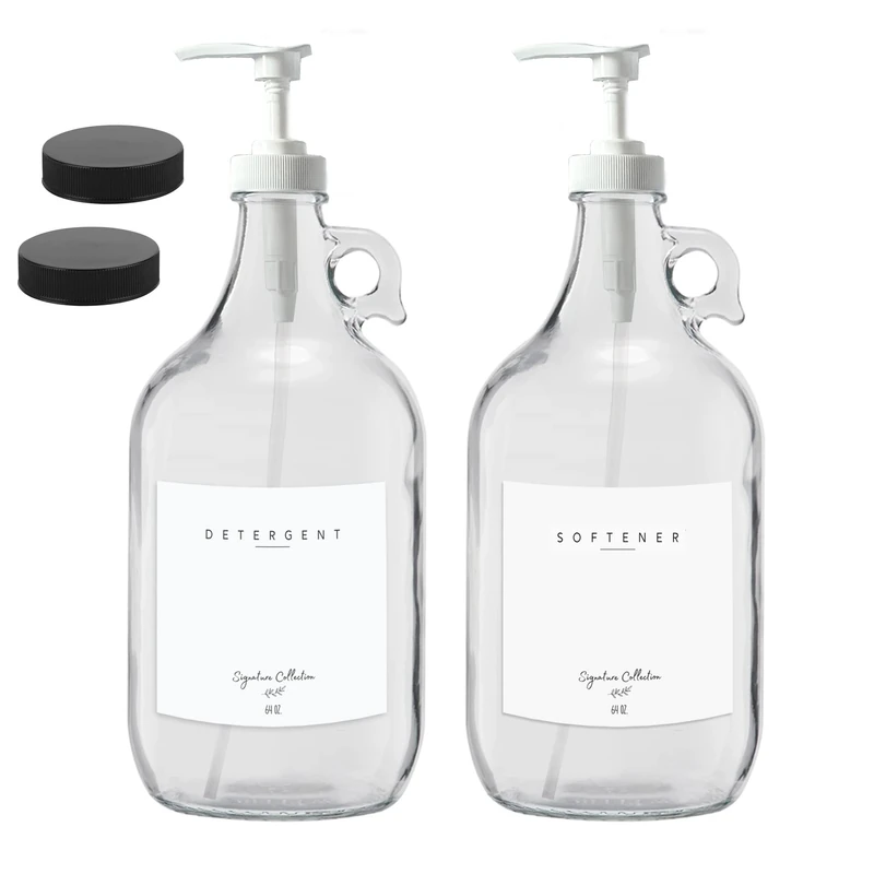 ME Decor Laundry Detergent Dispenser - 64 oz. Glass Jugs for Liquid Fabric Softener, Laundry Soap and Bleach - 2 Pack, Clear, Cylindrical, PUMP_DISPENSER
