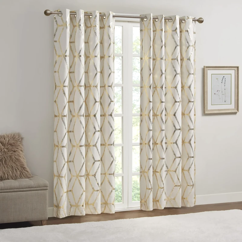 Comfort Spaces Vivian Total Blackout Window Curtain Panel Pair, Metallic Geometric Design, Thermal Insulated Light Blocking Drape for Bedroom and Apartments, 50x63, Ivory/Gold, 2 Piece