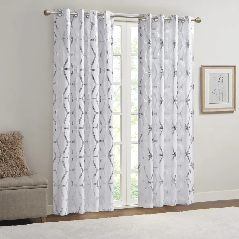 Comfort Spaces Vivian Total Blackout Window Curtain Panel Pair, Metallic Geometric Design, Thermal Insulated Light Blocking Drape for Bedroom and Apartments, 50x63, White/Silver, 2 Piece - Image 1