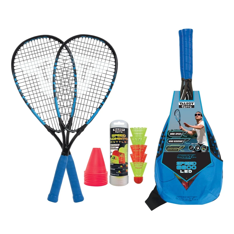 Talbot-Torro Speedbadminton Speed 6600 LED Set, Complete Set with 2 Aluminum Rackets, 5 Shuttlecocks, Includes LED Play in the Dark Balls and Game Field Markers, 490119