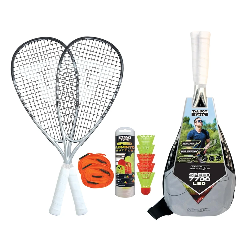Talbot-Torro Speedbadminton Speed 7700 LED Set, 2 Graphite Composite Rackets, 5 Shuttlecocks, Includes LED Play-in-the-Dark Balls and Game Field Marking Lines, 490127