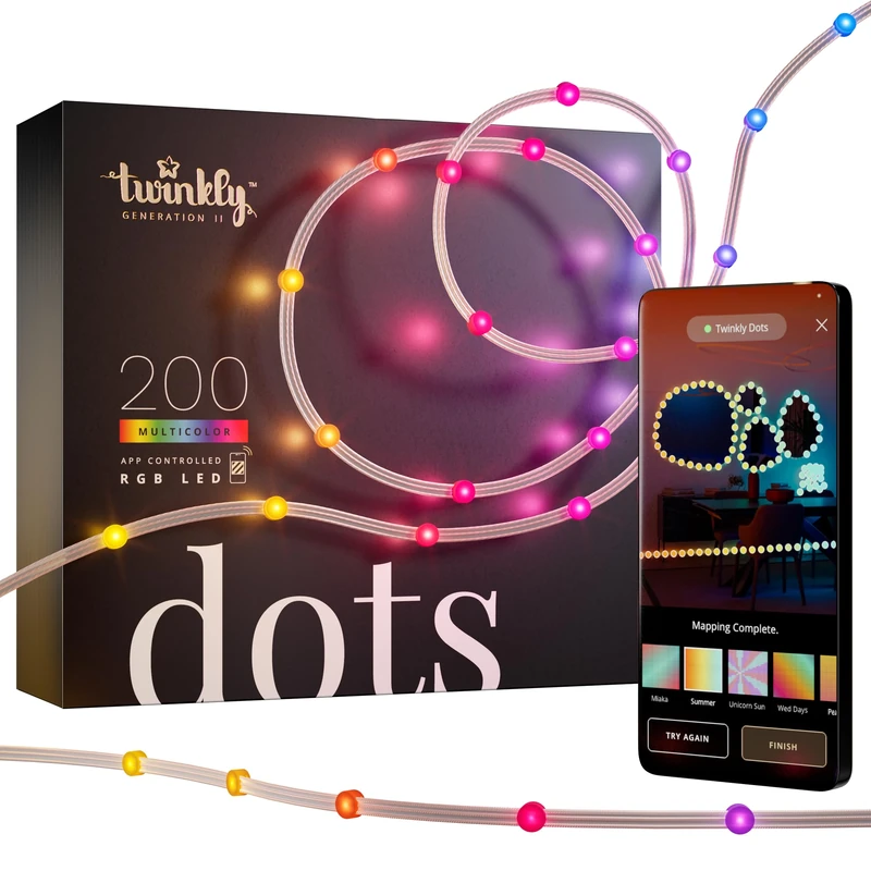 Twinkly Dots 10m, Flexible RGB LED Strip, in- and Outdoor, Compatible with Alexa and Google Home, IP44, 16 M+ Colors, App Control, Transparent Wire, 200 LED Lights