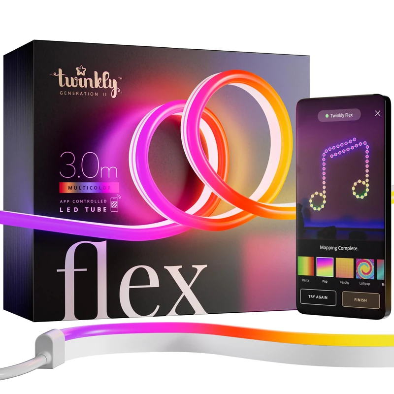 Twinkly Flex 3m, LED Tube Multicolor, RGB LED Strip Flexible, Compatible with Alexa and Google Home, Gaming Lights, 16 M+ Colors, USB C Power, App Control, White Wire