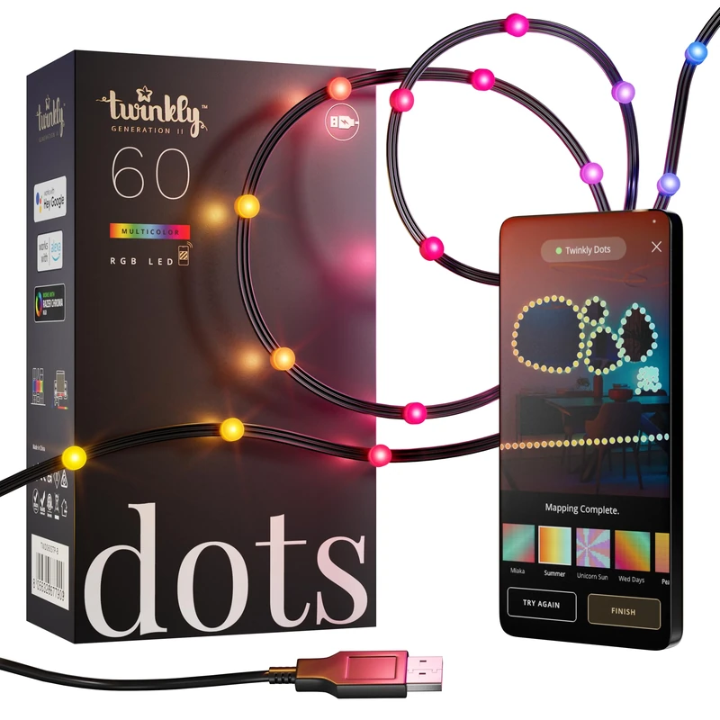 Twinkly Dots 3m, Multicolor LED Strip, Flexible RGB LED Strip, Compatible with Alexa and Google Home, Gaming Lights, 16 M+ Colors, USB Powered, App Control, Black Wire, 60 LED Lights