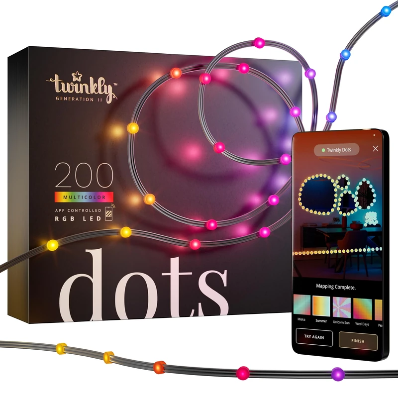 Twinkly Dots 10m, Flexible RGB LED Strip, in- and Outdoor, Compatible with Alexa and Google Home, IP44, 16 M+ Colors, App Control, Black Wire, 200 LED Lights