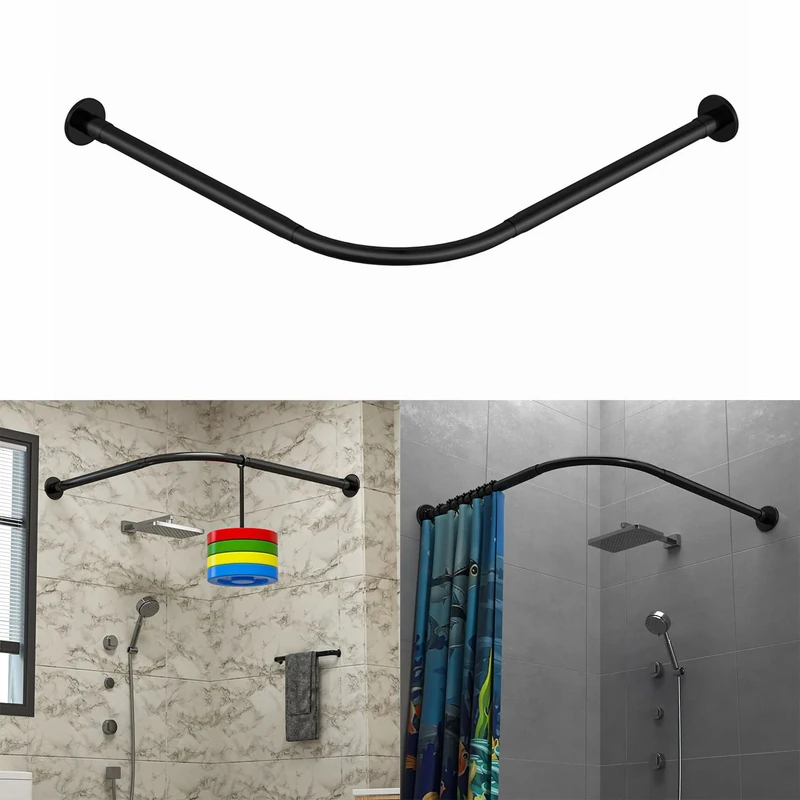 Tanxih Corner Shower Curtain Rod Adjustable Stainless Steel L Shaped Rack Drill Free Install for Bathroom, Bathtub, Clothing Store (Black, 70-100cm X 70-100cm)