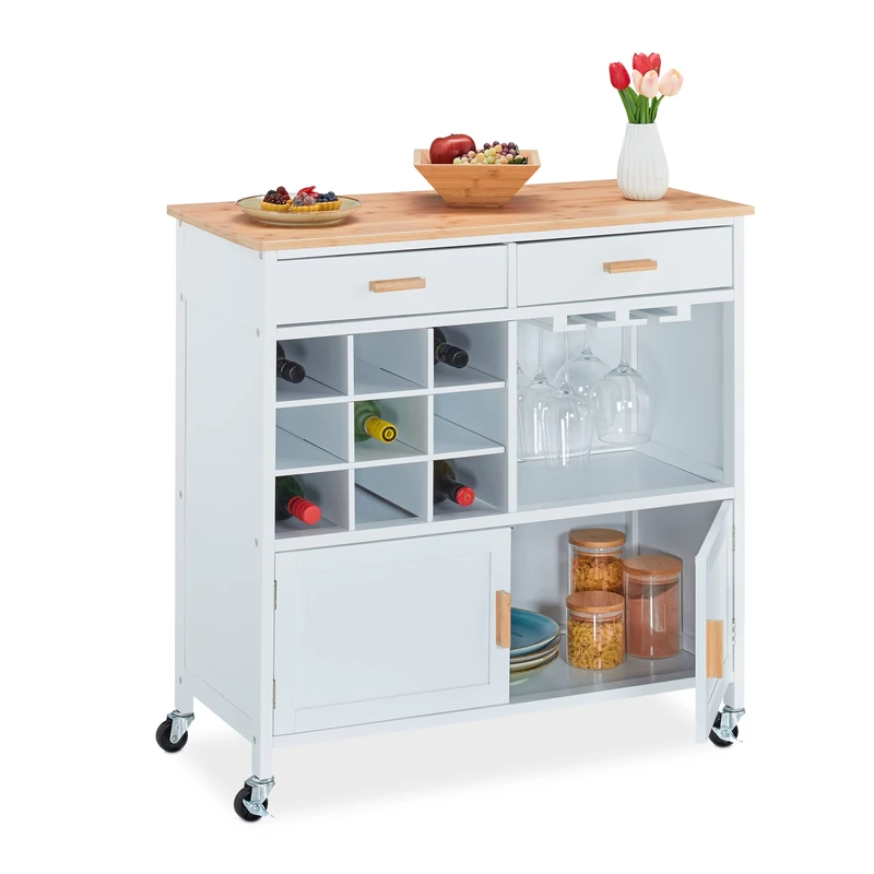 Relaxdays Kitchen Trolley, HxWxD: 88.5 x 86 x 41 cm, Worktop, Wine Rack, Glass Holder, Wheeled Culinary Cabinet, White, Fibreboard, 88.5x86cmx41cm