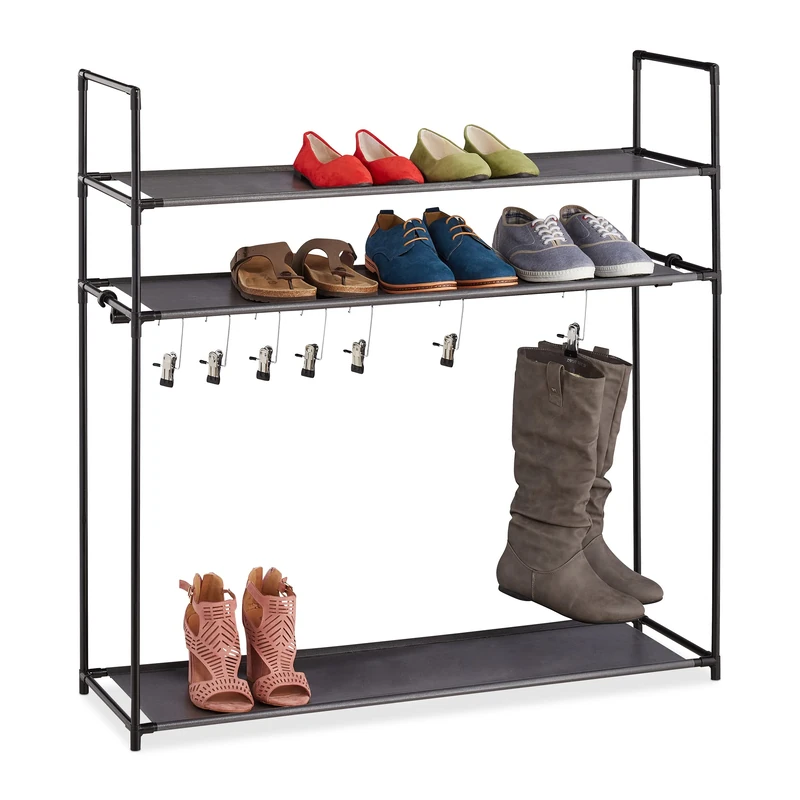 Relaxdays Shoe 3 Tiers, Plug-in System, 12 Pairs, 7 Boot Hooks, Metal & Fabric, Hallway Compact Storage Rack, Black, Steel, 101x100x30 cm