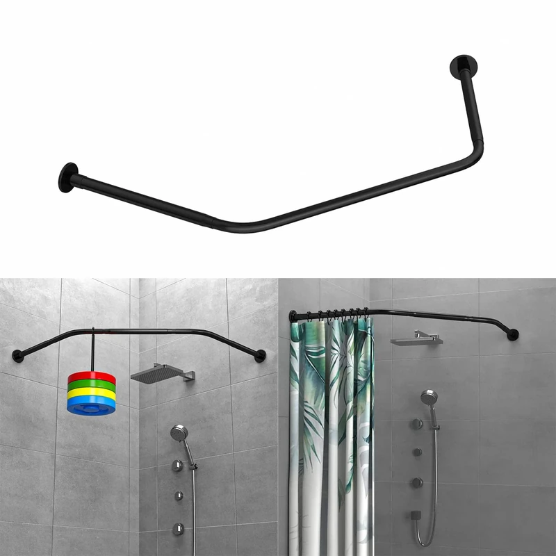 Tanxih Corner Shower Curtain Rod Adjustable Stainless Steel Diamond Shaped Rack Drill Free Install for Bathroom, Bathtub, Clothing Store (Black Diamond Shaped, Both Sides: 43-65cm,Middle:51-66cm)