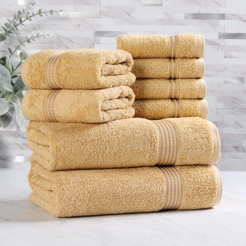Superior Egyptian Cotton 8-Piece Towel Set, Assorted Towels for Home Bathroom, Guest Bath Decor Essentials, Includes 2 Bath, 4 Hand, 2 Face Towels/Washcloths, Quick Dry, Absorbent, Gold