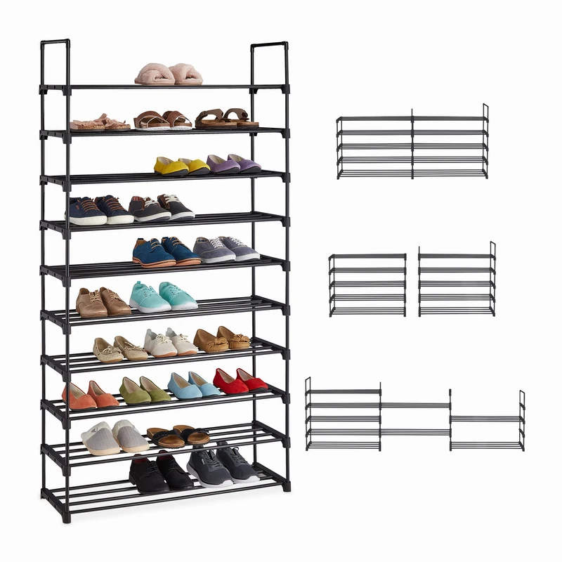 Relaxdays XXL Shoe Rack 10 Levels, Plug-in System, Hallway Storage Tower, Stable, Extendable, 175,5 x 93 x 30,5, Black, Steel