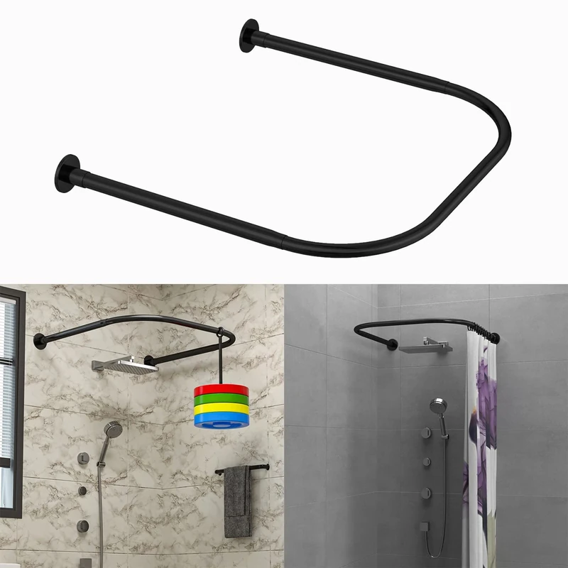 Tanxih U Shower Curtain Rod Adjustable Stainless Steel U Shaped Rack Drill Free Install for Bathroom, Bathtub, Clothing Store (Black U Shaped, Length on both sides:43-65cm,Middle width:88-110cm)