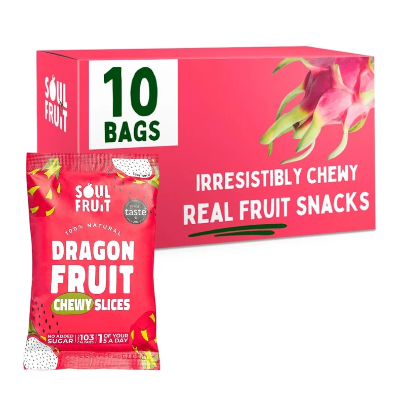 Soul Fruit - Dried Dragon Fruit – No Added Sugar – 100% Dried Fruit Snack - High in Fibre - Low Calorie Snacks - Lunchbox snacks – Gluten Free - Healthy Snacks for Adults & Kids 10 x 30g Packs