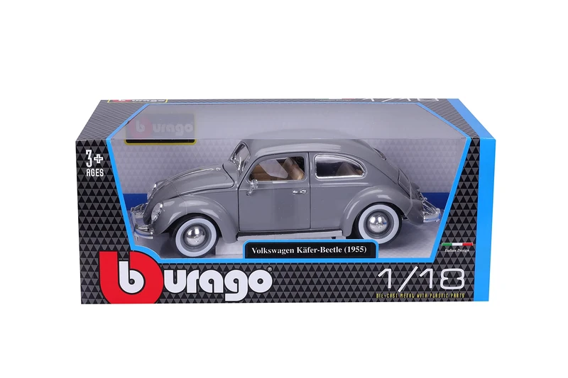 Bburago Volkswagen Beetle (1955): 1:18 Scale Model Car, Doors, Boot and Bonnet, Movable, Grey (18-12029G)