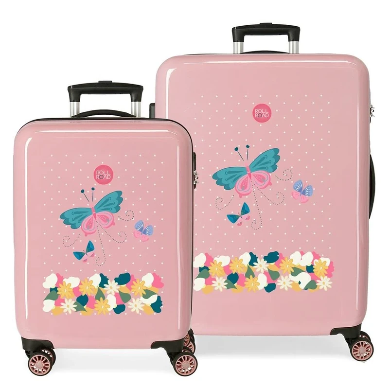 Roll Road Precious Flower Suitcase Set Pink 55/68 cm Rigid ABS Side Combination Lock 104L 6 kg 4 Wheels Double Hand Luggage