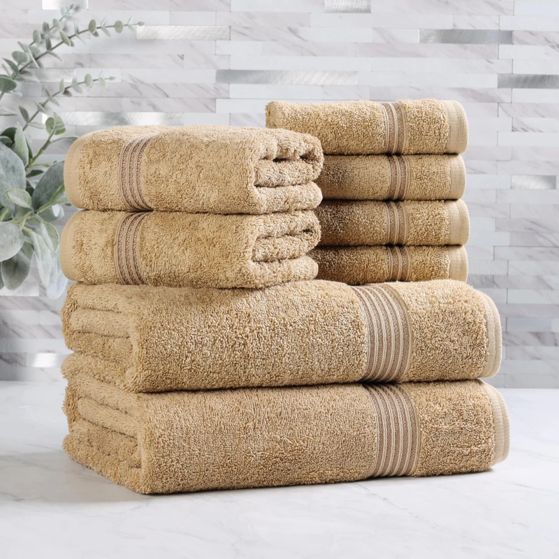 Superior Egyptian Cotton 8-Piece Towel Set, Assorted Towels for Home Bathroom, Guest Bath Decor Essentials, Includes 2 Bath, 4 Hand, 2 Face Towels/Washcloths, Quick Dry, Absorbent - Toast