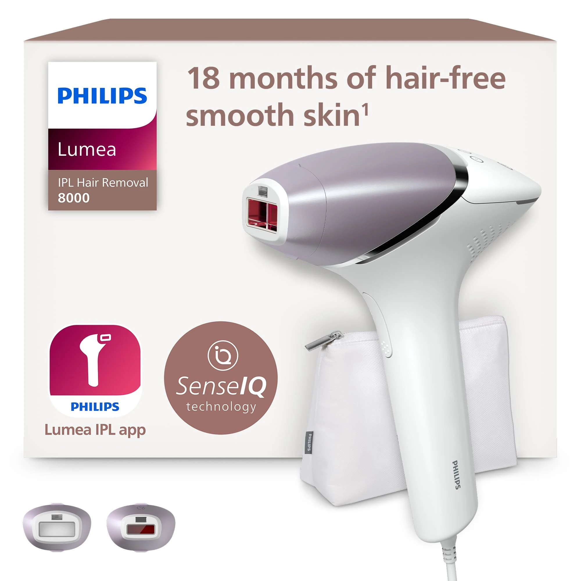 Philips Lumea 8000 Series, IPL Hair Removal Device, Laser Hair Removal Alternative, SenseIQ Technology, 2 Attachments for Body and Face, Model BRI944/00