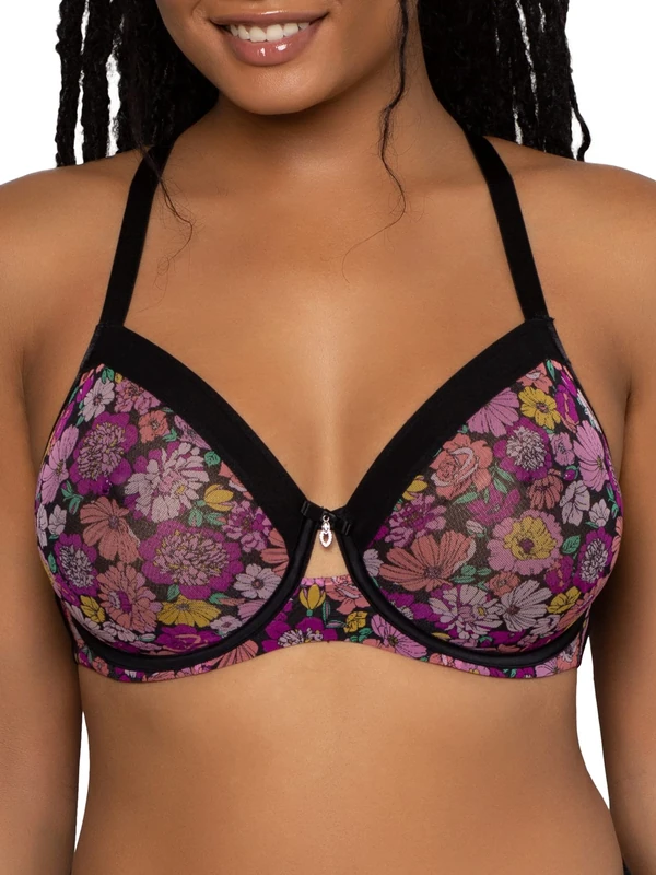 Curvy Couture Women's Sheer Mesh Full Coverage Unlined Underwire Bra, Retro Roses, 44E