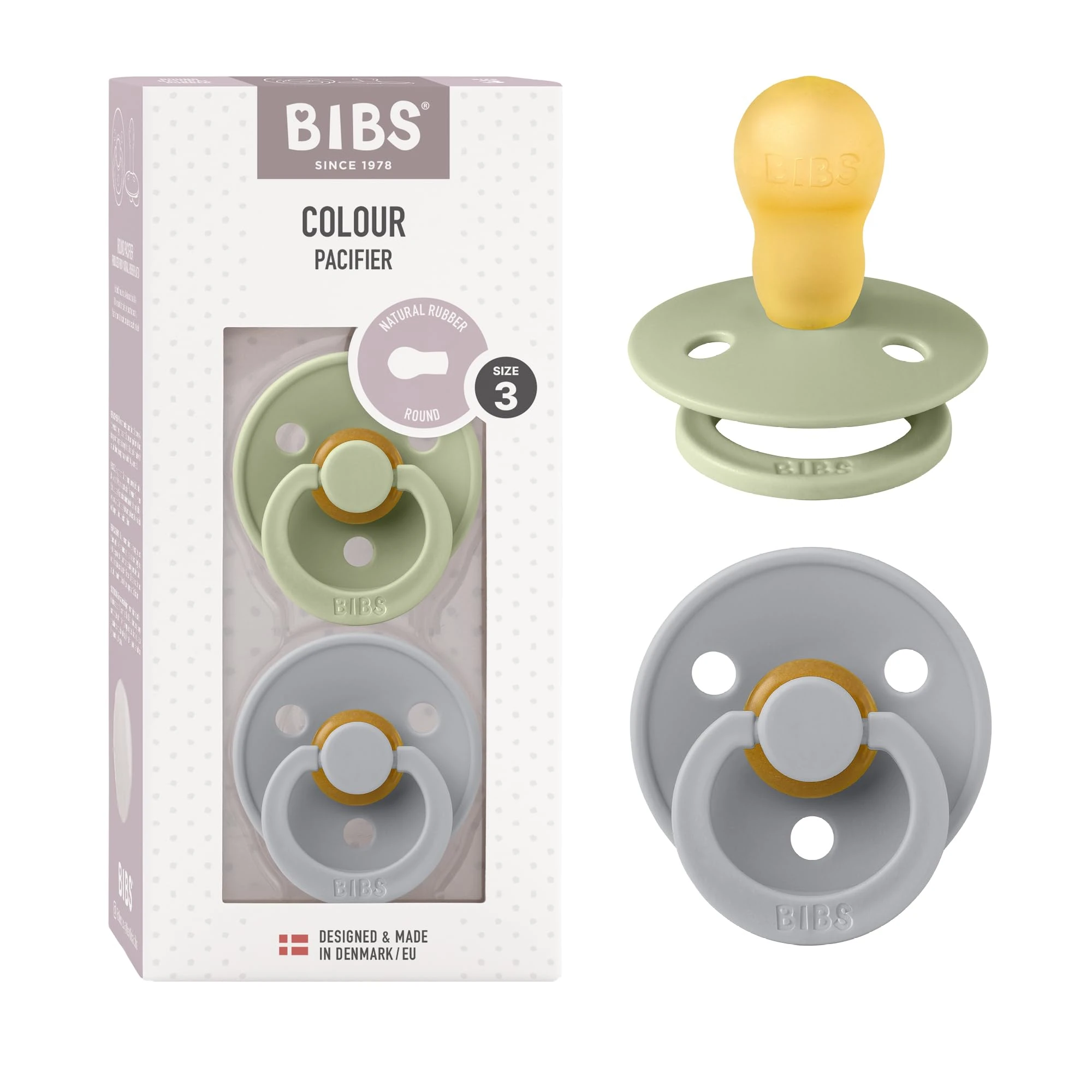 BIBS Pacifiers | Natural Rubber Baby Pacifier | Set of 2 BPA-Free Soothers | Round Nipple | Made in Denmark | Sage/Cloud | Size 18-36 Months